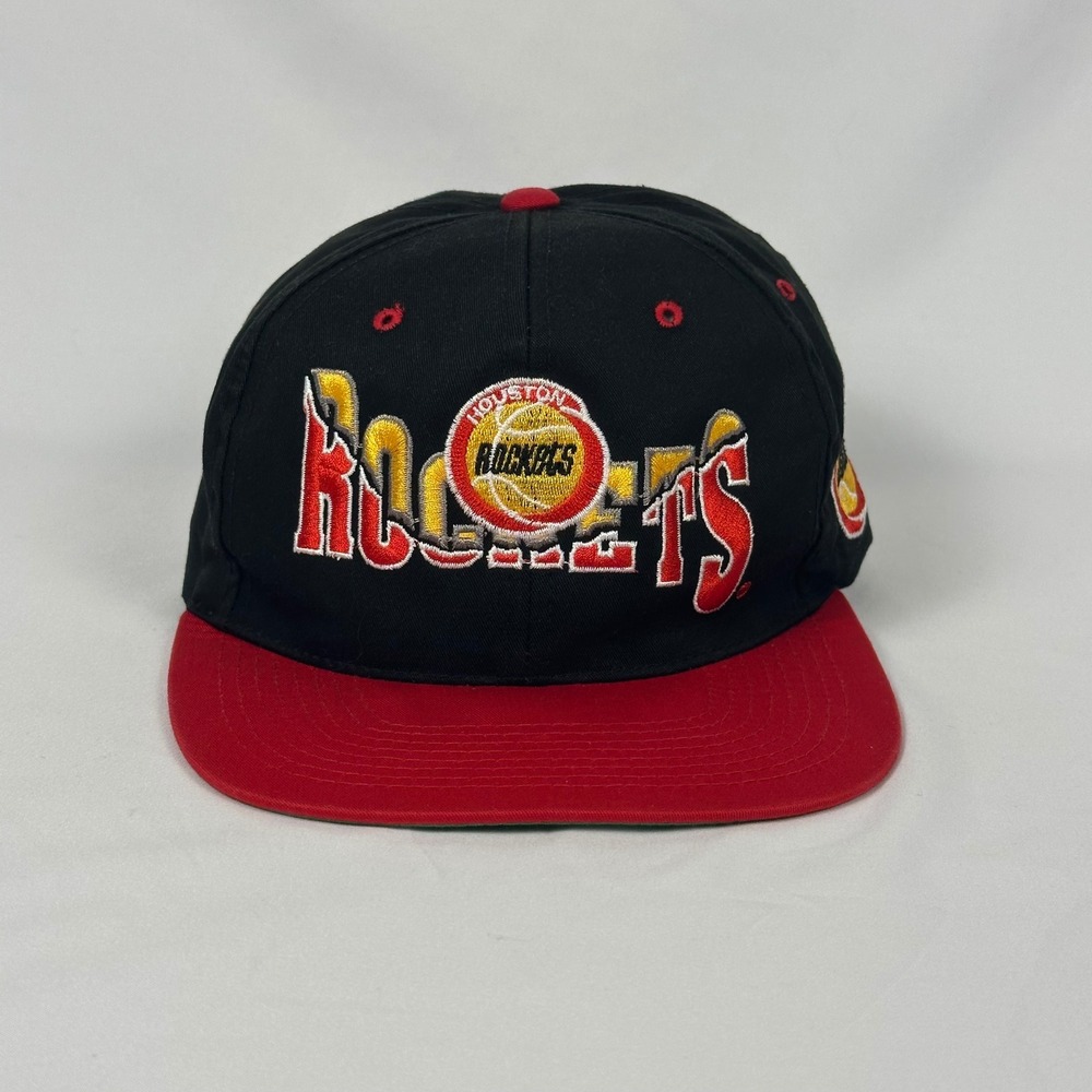 Vintage 90s Houston Rockets Hat Black Red NBA Snapback Green Underbill The G Cap - Picture 2 of 10